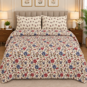 Cream cotton 3-piece floral bedsheet set with two matching pillow covers featuring burgundy, blue, rose, beige and olive botanical floral patterns.