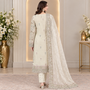 Back view of luxury premium ivory sage pastel organza embroidered 3-piece Pakistani suit with detailed back embroidery, scalloped hem border and embellished organza dupatta.