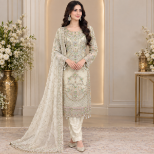 Luxury premium organza handmade embroidered 3-piece suit in soft ivory sage pastel with detailed silver, blush pink and sage green embroidery, matching trousers and embellished organza dupatta.