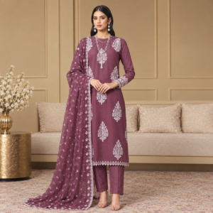 Luxury Mauve Berry Baroque Embroidered 3PC Chiffon Suit with Embroidered Dupatta and Trouser