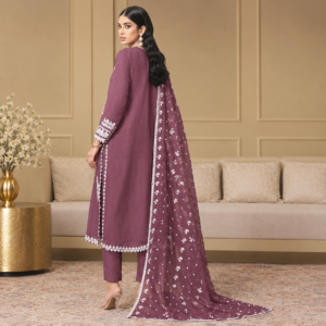 Luxury Mauve Berry Baroque Embroidered 3PC Chiffon Suit with Embroidered Dupatta and Trouser