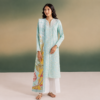Mint green embroidered slub linen 3-piece suit with white trousers and printed dupatta.