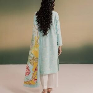 Mint green embroidered slub linen 3-piece suit with white trousers and printed dupatta.