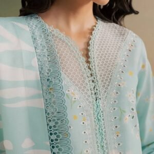 Mint green embroidered slub linen 3-piece suit with white trousers and printed dupatta.