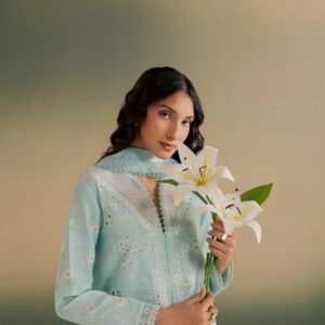 Mint green embroidered slub linen 3-piece suit with white trousers and printed dupatta.