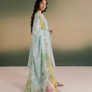 Mint green embroidered slub linen 3-piece suit with white trousers and printed dupatta.