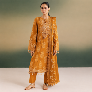 Mustard gold embroidered 3-piece suit with intricate floral detailing.