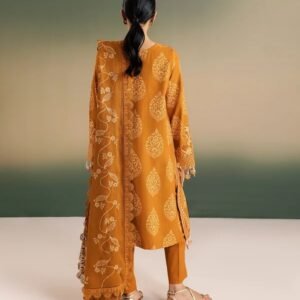 Mustard gold embroidered 3-piece suit with intricate floral detailing.