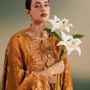 Mustard gold embroidered 3-piece suit with intricate floral detailing.