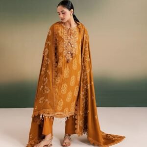 Mustard gold embroidered 3-piece suit with intricate floral detailing.
