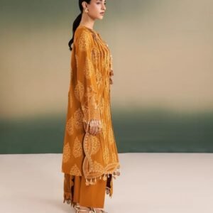 Mustard gold embroidered 3-piece suit with intricate floral detailing.