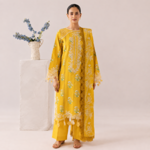 Mustard yellow embroidered 3-piece suit with detailed floral embroidery.