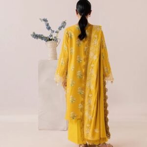 Mustard yellow embroidered 3-piece suit with detailed floral embroidery.