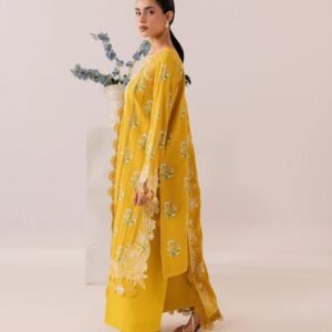 Mustard yellow embroidered 3-piece suit with detailed floral embroidery.