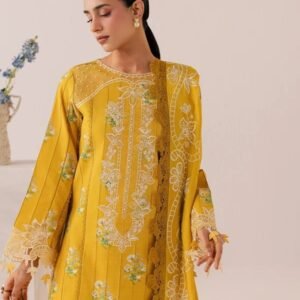 Mustard yellow embroidered 3-piece suit with detailed floral embroidery.