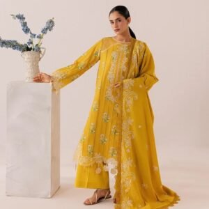 Mustard yellow embroidered 3-piece suit with detailed floral embroidery.