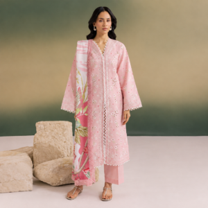 Pastel pink embroidered slub linen 3-piece suit with printed dupatta and matching trousers.