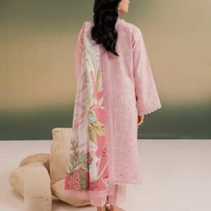 Pastel pink embroidered slub linen 3-piece suit with printed dupatta and matching trousers.