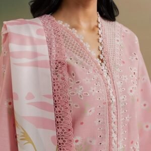 Pastel pink embroidered slub linen 3-piece suit with printed dupatta and matching trousers.