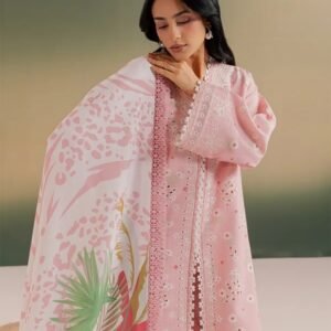 Pastel pink embroidered slub linen 3-piece suit with printed dupatta and matching trousers.