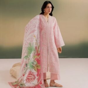 Pastel pink embroidered slub linen 3-piece suit with printed dupatta and matching trousers.