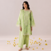 Pistachio green embroidered 3-piece suit with delicate floral detailing and matching trousers.