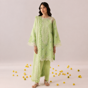 Pistachio green embroidered 3-piece suit with delicate floral detailing and matching trousers.