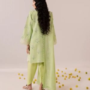 Pistachio green embroidered 3-piece suit with delicate floral detailing and matching trousers.