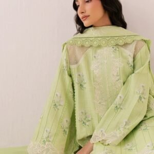 Pistachio green embroidered 3-piece suit with delicate floral detailing and matching trousers.