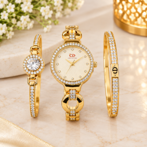 Luxury gold watch and 2 bangle set with sparkling stone detailing, elegant CD Collection jewelry set
