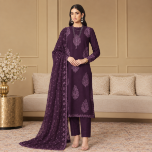 Luxury Dark purple Baroque Embroidered 3PC Chiffon Suit with Embroidered Dupatta and Matching Trouser
