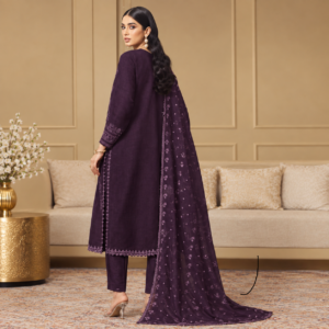 Luxury Dark Purple Baroque Embroidered 3PC Chiffon Suit with Embroidered Dupatta and Matching Trouser