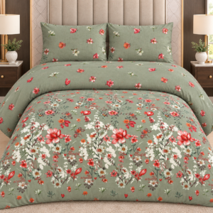 Sage green floral printed cotton 3-piece bedsheet with matching pillow covers on a double bed