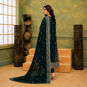 Luxury premium Tasal Silk handwork embroidered 3 piece Pakistani suit featuring heavy embroidery, embellished detailing, embroidered silk dupatta, and matching trouser.