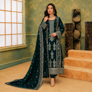 Luxury premium Tasal Silk handwork embroidered 3 piece Pakistani suit featuring heavy embroidery, embellished detailing, embroidered silk dupatta, and matching trouser.
