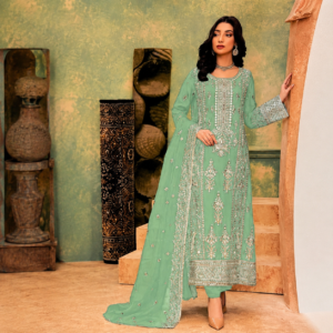 Luxury premium Tasal Silk handwork embroidered 3 piece Pakistani suit featuring heavy embroidery, embellished detailing, embroidered silk dupatta, and matching trouser.