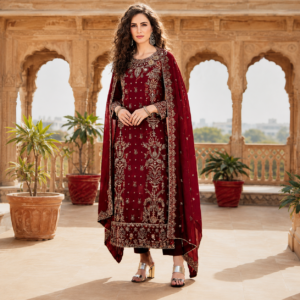 Tasal Silk 3 Piece Embroidered Suit with luxury embroidery and matching dupatta