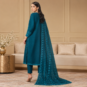 Luxury Deep Teal Baroque Embroidered 3PC Chiffon Suit with Matching Embroidered Dupatta and Trouser
