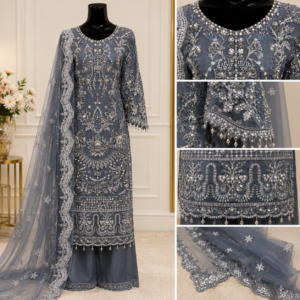 Luxury charcoal grey organza embroidered 3-piece suit featuring intricate hand embellishments, detailed neckline embroidery, embroidered sleeves, matching trousers, and an organza dupatta with scalloped lace border.
