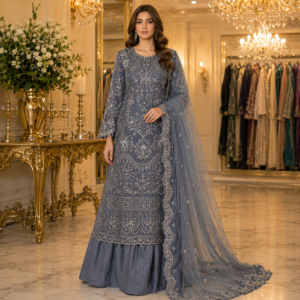 Luxury Grey Organza Hand Embroidered 3 Piece Suit with Embellished Sleeves and Embroidered Organza Dupatta for Wedding and Party Wear