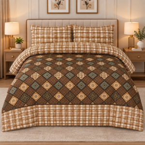 Cotton 3-piece bed set with geometric diamond pattern and matching pillow covers