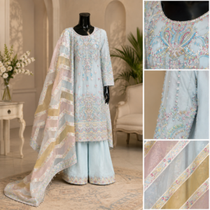 Ice blue luxury organza embroidered 3PC suit with detailed neckline, embellished sleeves, and designer dupatta close-up view