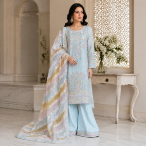 Ice blue luxury organza embroidered handwork 3 piece suit with designer dupatta and wide-leg trousers