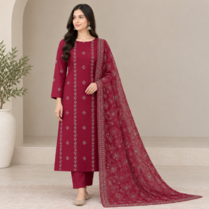 Elegant embroidered 3-piece suit featuring a floral embroidered shirt, matching embroidered sleeves, plain trouser, and a heavily embroidered fancy net dupatta, available in multiple colors.